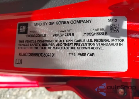 2013 Chevrolet Spark 1Lt Manual from USA, damaged, VIN KL8CC6S99DC504191